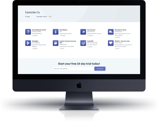 Mac displaying EastsideCo range of Shopify apps on screen