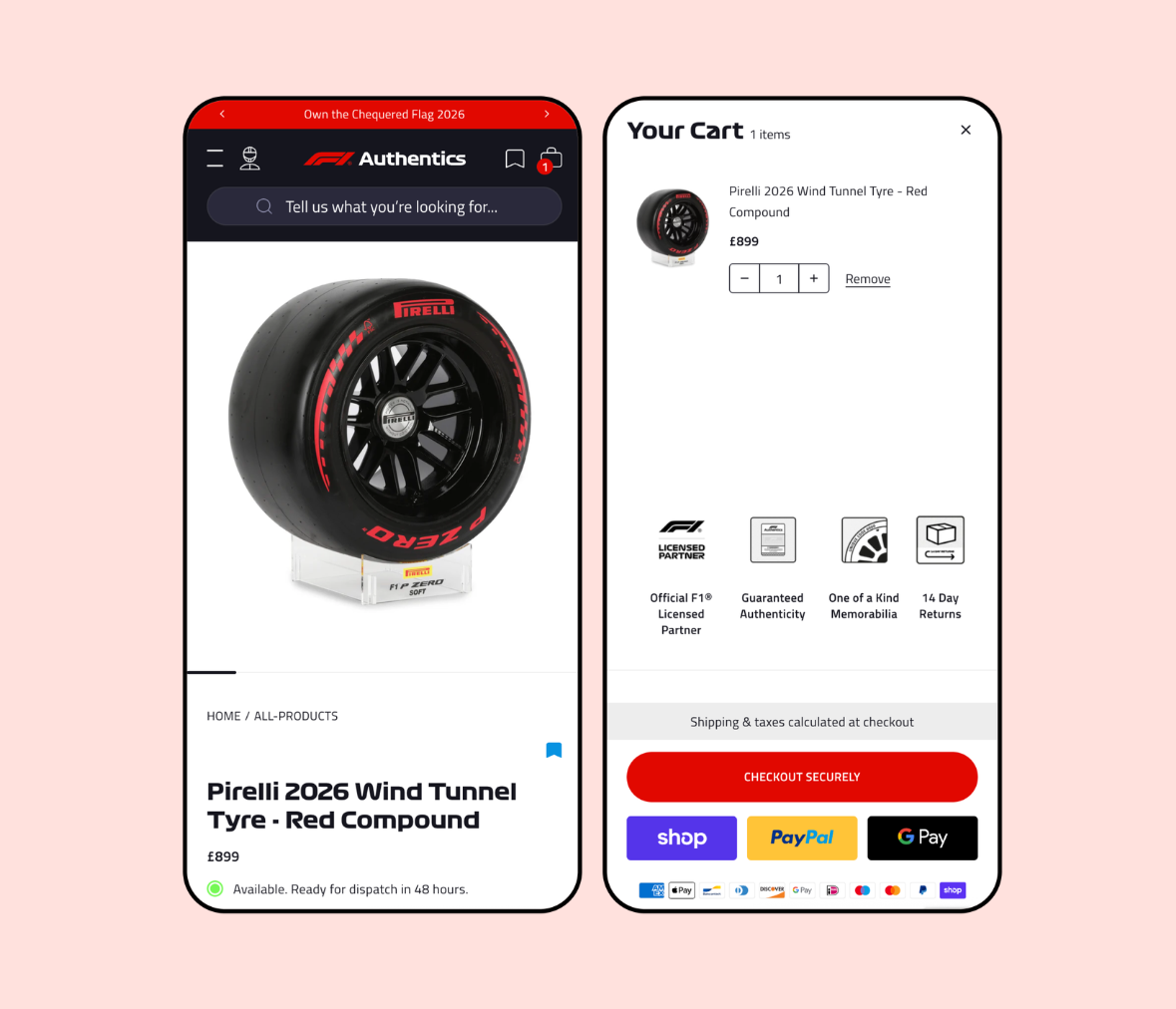 F1 Authentics Shopify product page on mobile