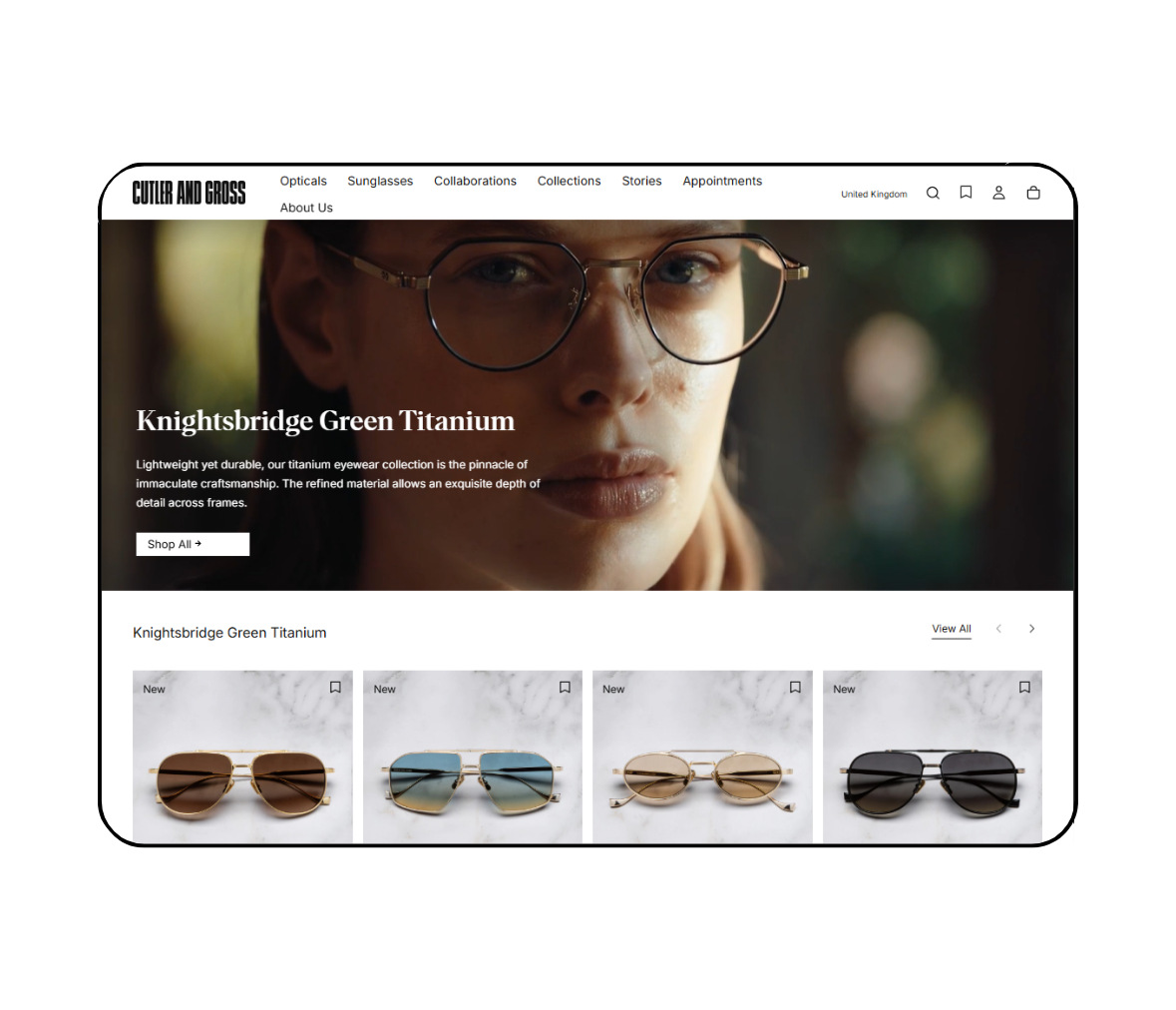 Cutler and Gross Shopify store products on desktop