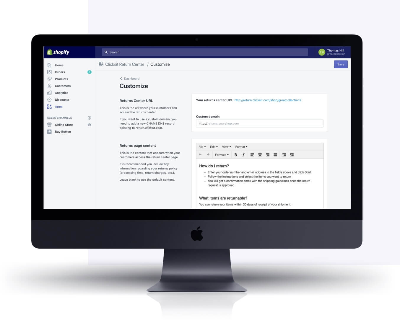 Mac screen showing Clicksit Shopify app by Eastside Co