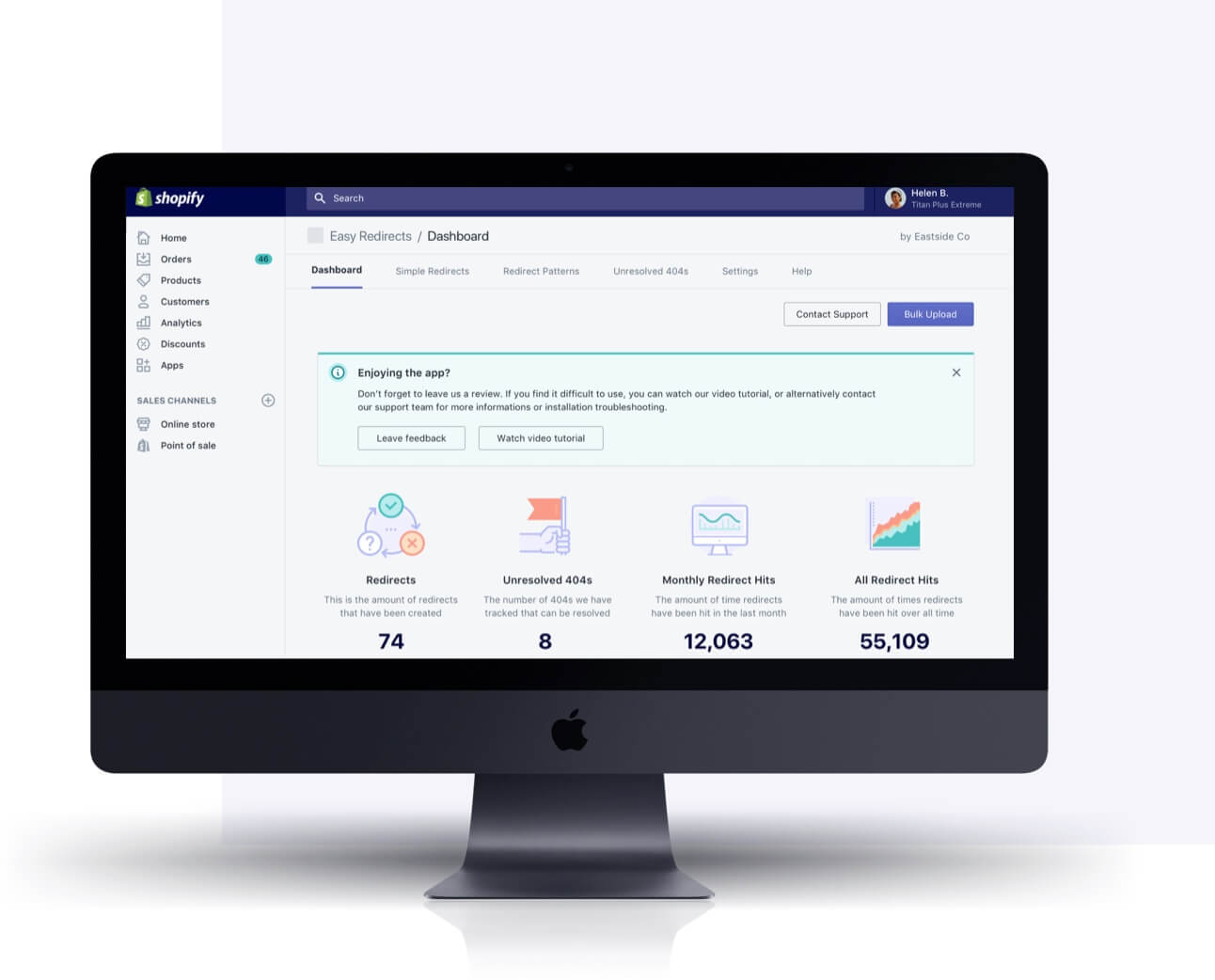 Mac screen displaying Shopify app Easy Redirects from Eastside Co