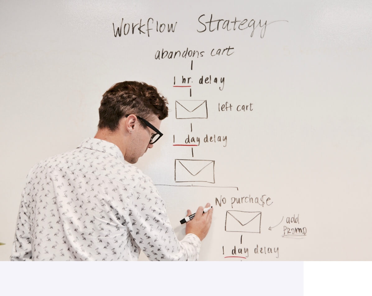 Man reviewing abandoned cart email workflow strategy on whiteboard